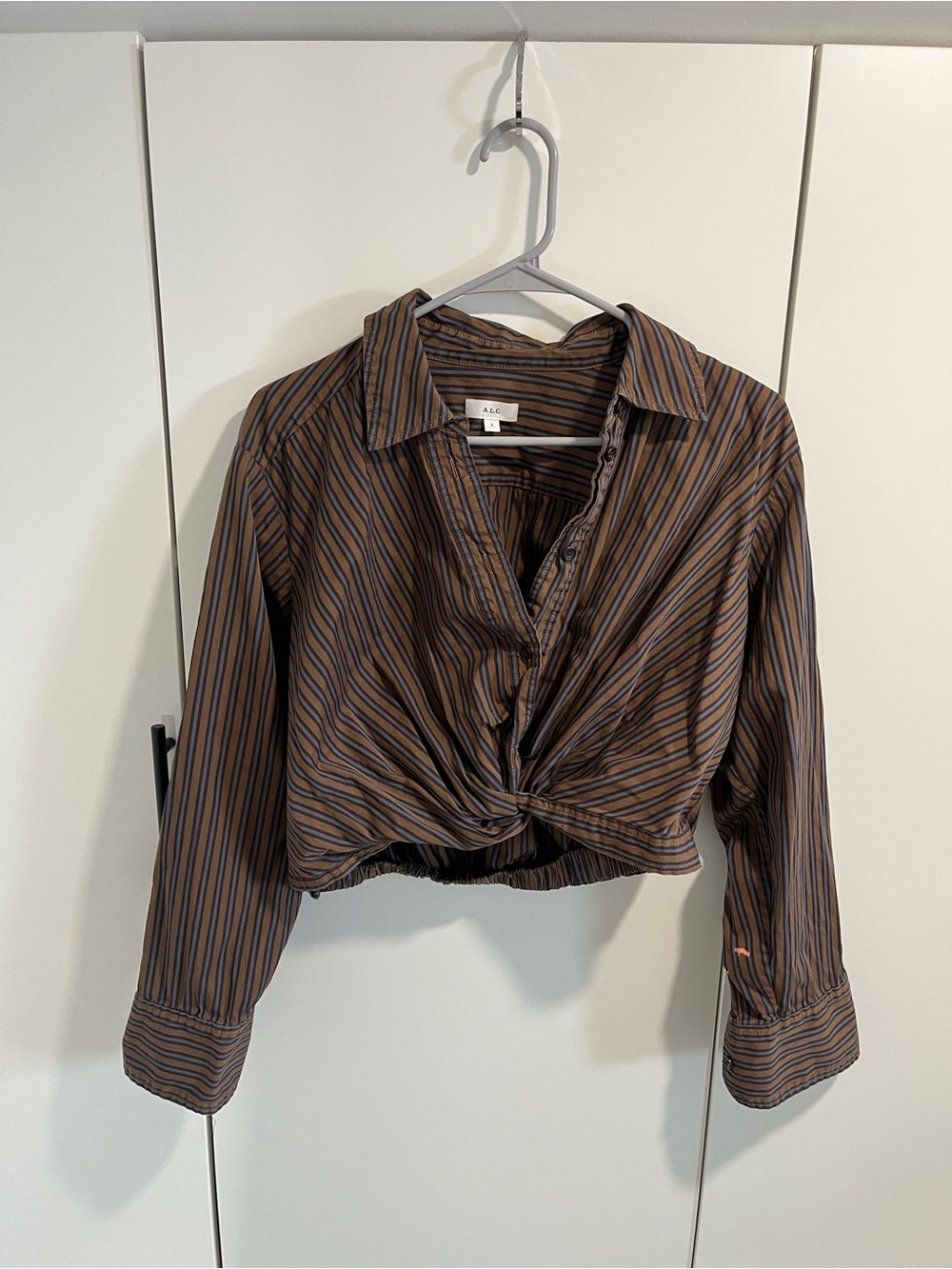 A.L.C. Olive and Black Striped Twist-Front Button-Down Shirt - Picture 4 of 10